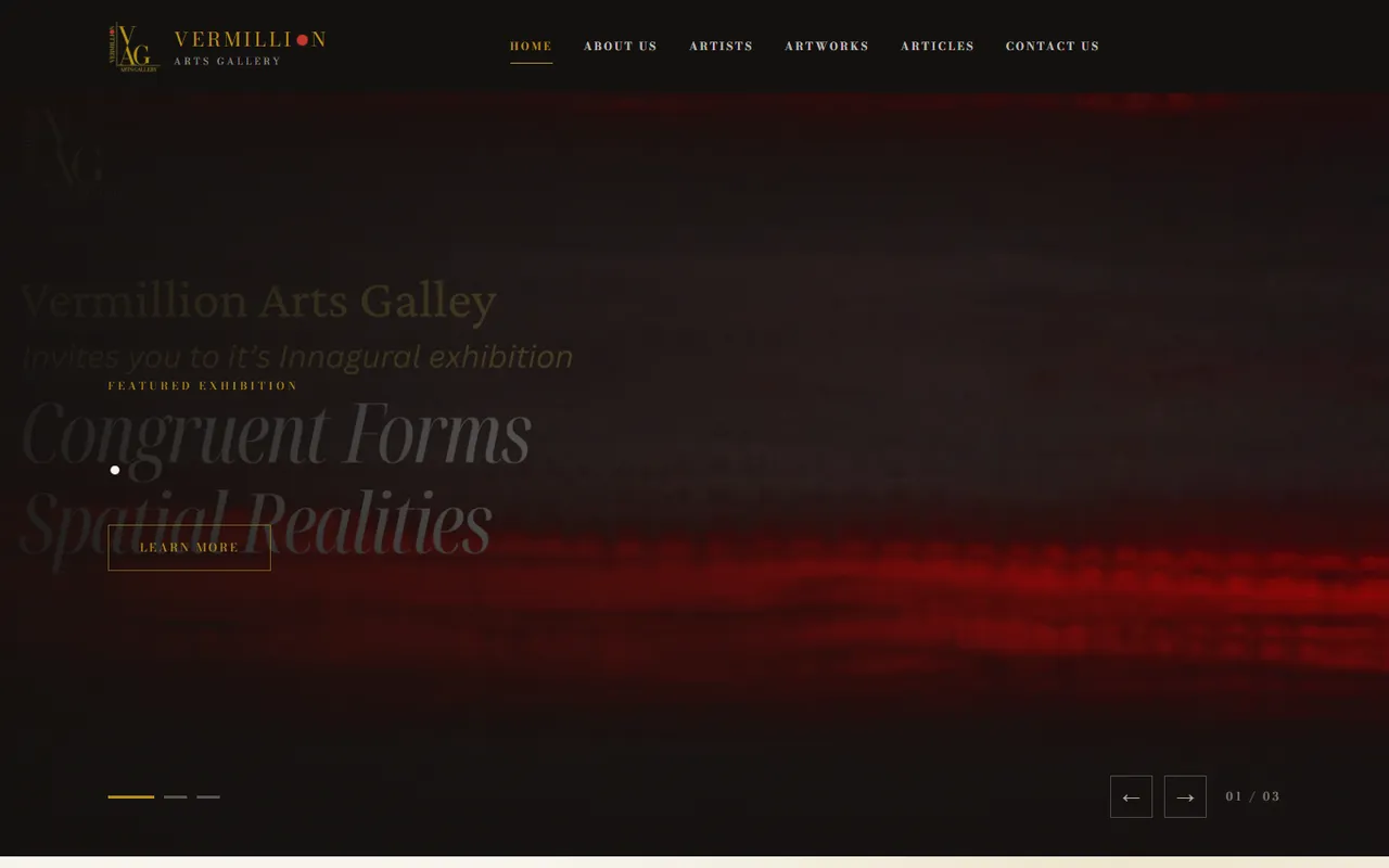 Vermillion Arts Gallery homepage screenshot